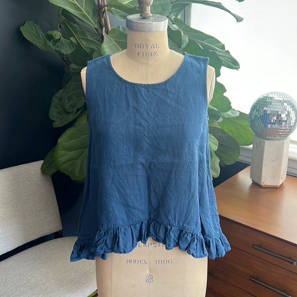 100% Linen Ruffle sleeveless top high low - medium in sea blue